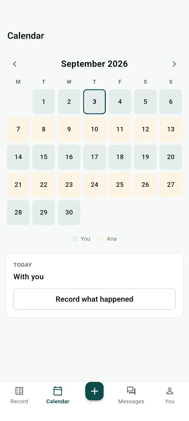 September calendar of parenting time, colored for days with you and days with Ana.