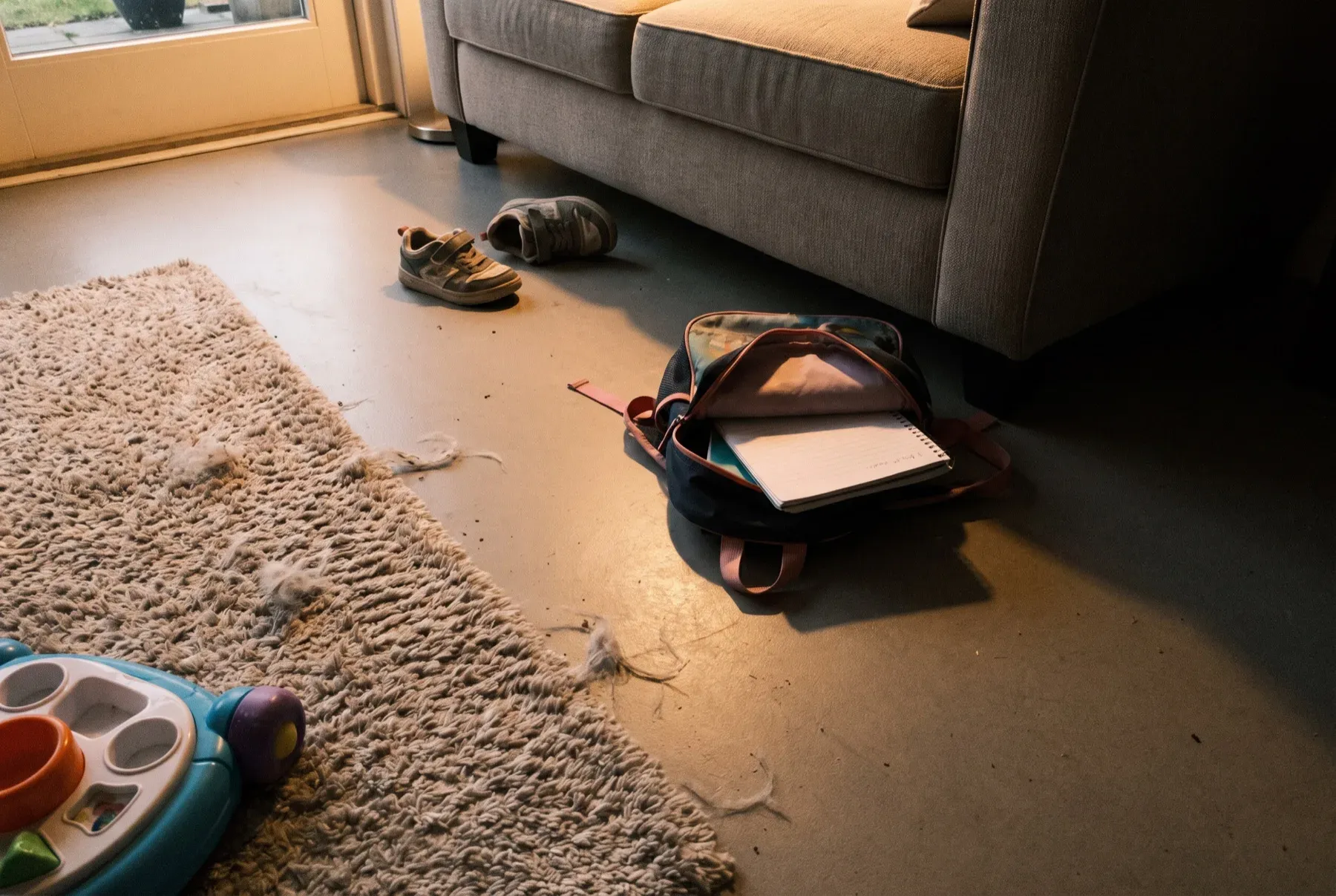 A child's backpack and shoes on the floor of a living room, no child in the frame