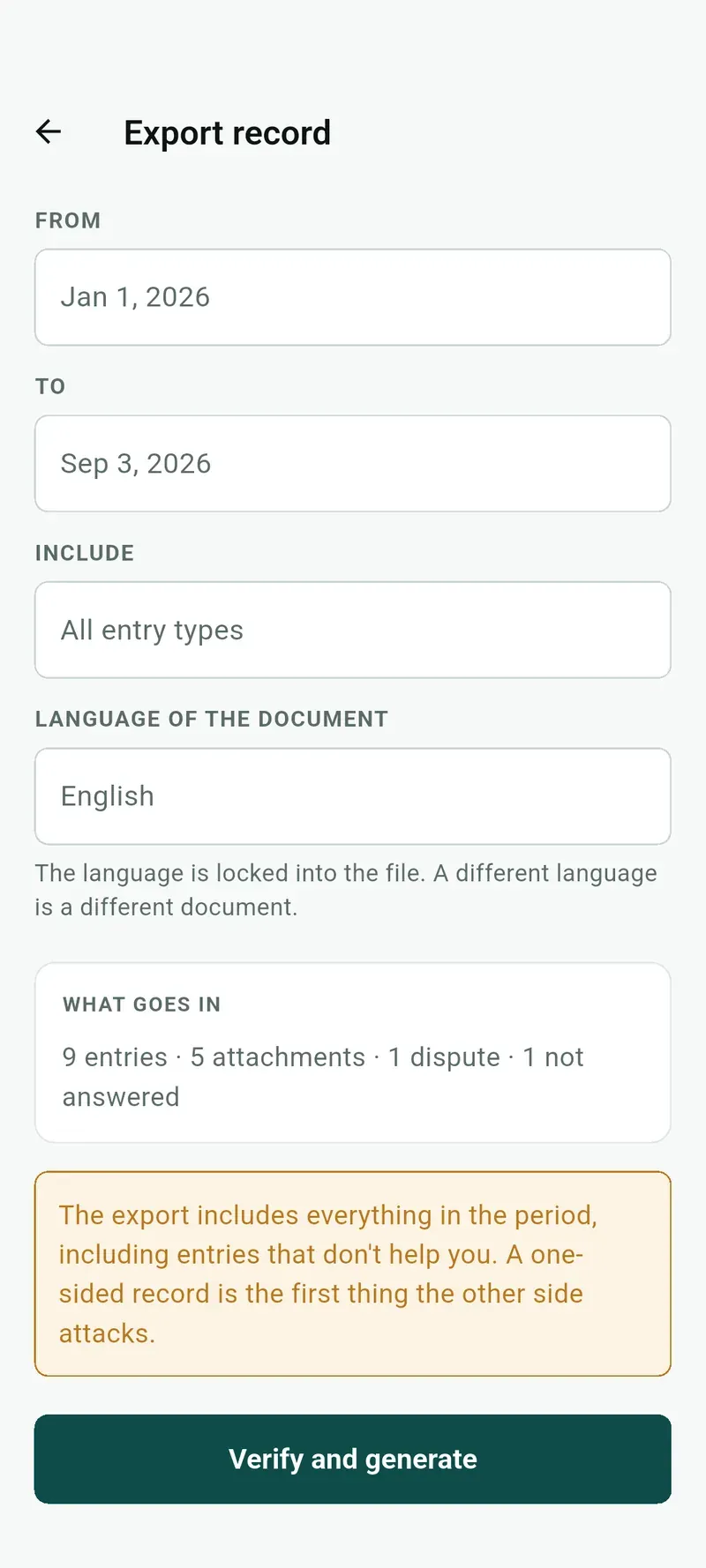 Exporting a certified record for a date range, with a warning that everything in the period is included.