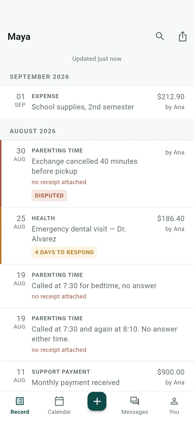 The Set Straight record for Maya: school supplies, a cancelled exchange marked disputed, and a dental visit with four days left to respond.