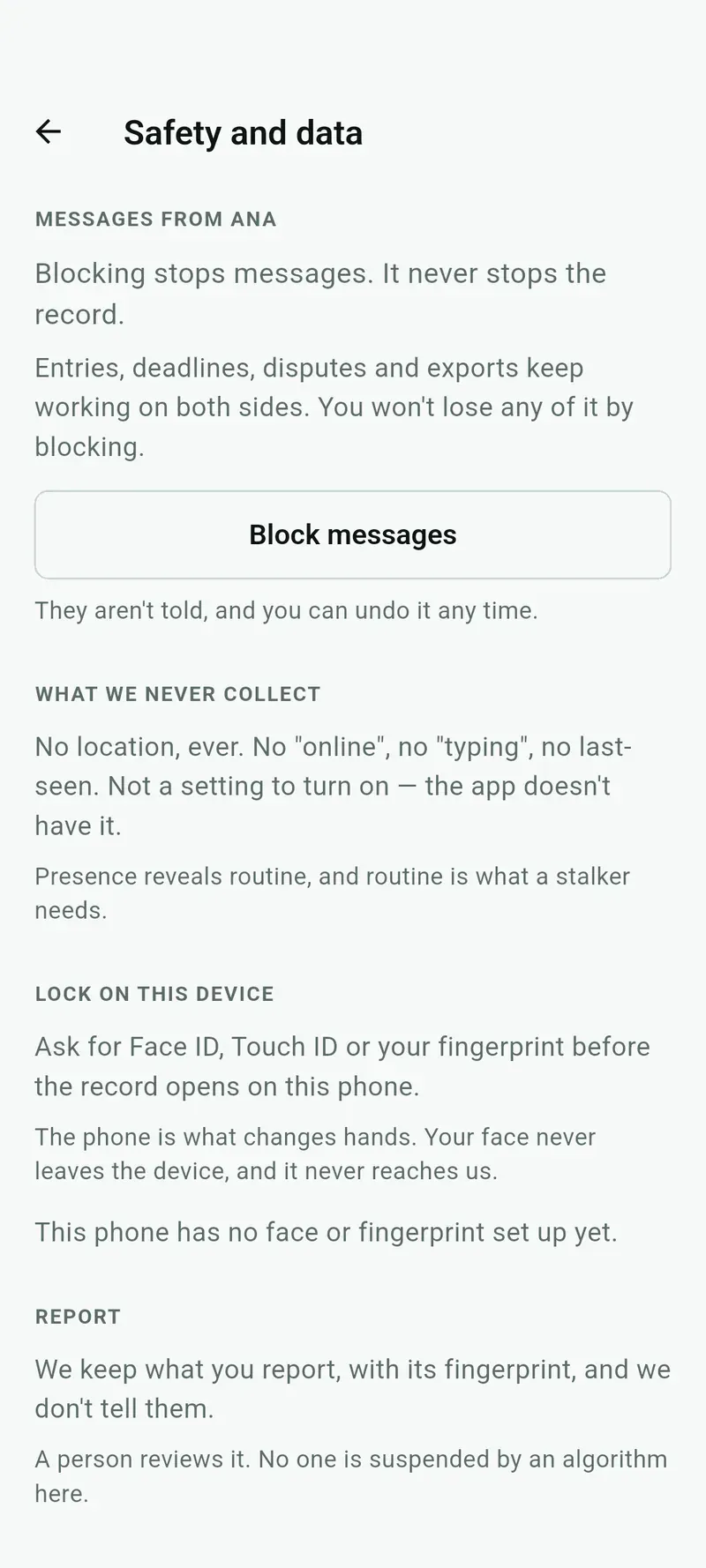 Safety settings: block messages without breaking the record, no location, lock on this device.