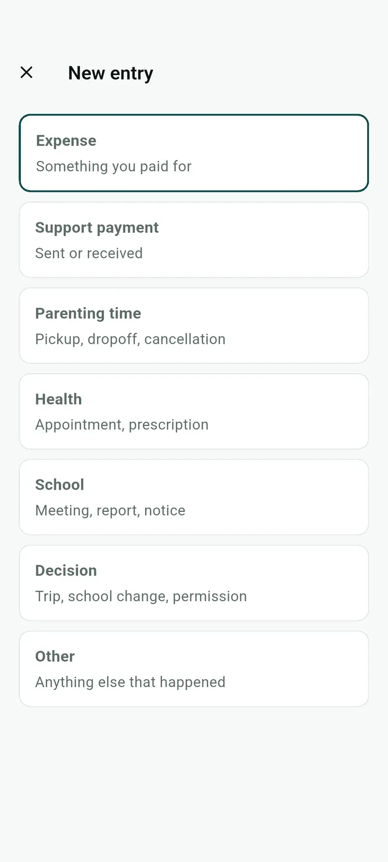 Choosing an entry type: expense, support payment, parenting time, health, school, decision, or other.